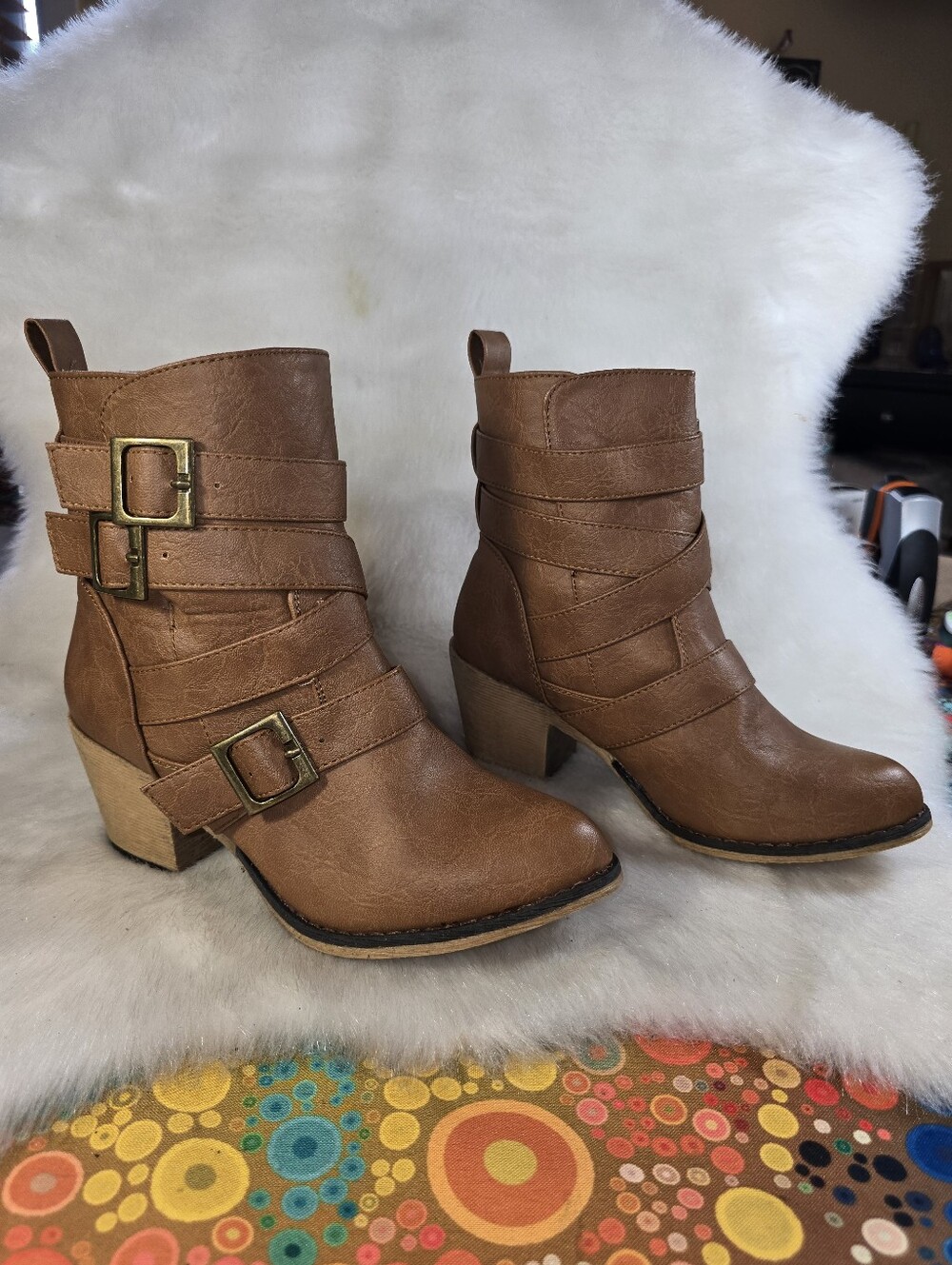 Wet Seal Western Ankle Boots with strappy multi-buckles in Caramel Vegan Leather